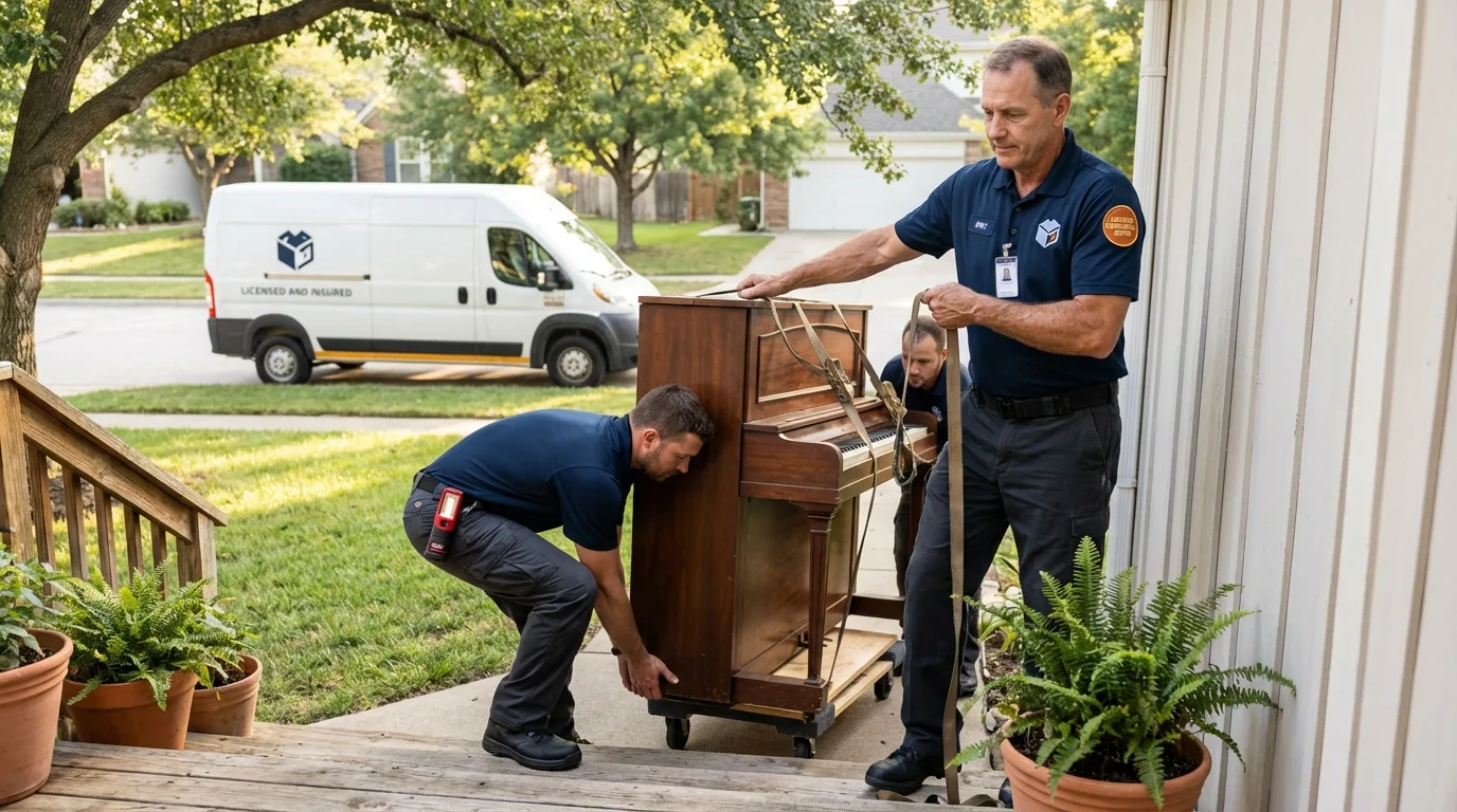 Licensed piano movers securing grand piano in Cheney, KS